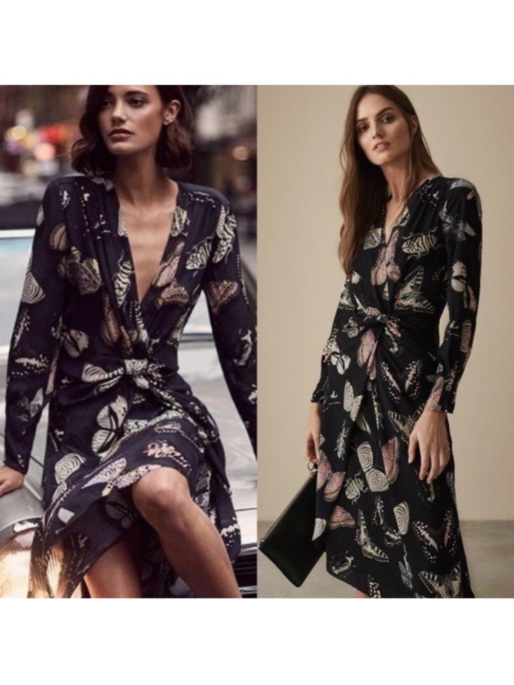 REISS Lita Knotted Waist Buttetflies Dragonflies and Beetles V Neck MIDI Dress